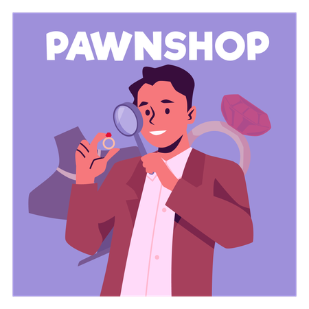 Hombre evaluando joyas bajo una lupa  Ilustración