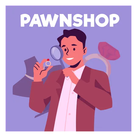 Hombre evaluando joyas bajo una lupa  Ilustración