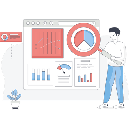 Hombre examinando gráficos con una lupa centrado en el análisis de datos y la información.  Ilustración