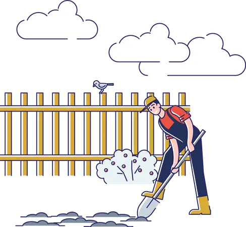 Hombre cavando suelo uso pala  Ilustración