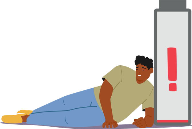 Hombre exhausto acostado junto a un símbolo de batería baja que indica cansancio y energía  Ilustración