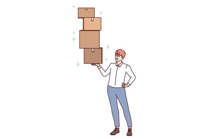 Un hombre exitoso levanta varias cajas con facilidad demostrando habilidades profesionales en el cumplimiento.  Illustration