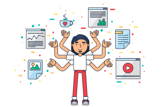 Hombre experto en multitarea  Ilustración