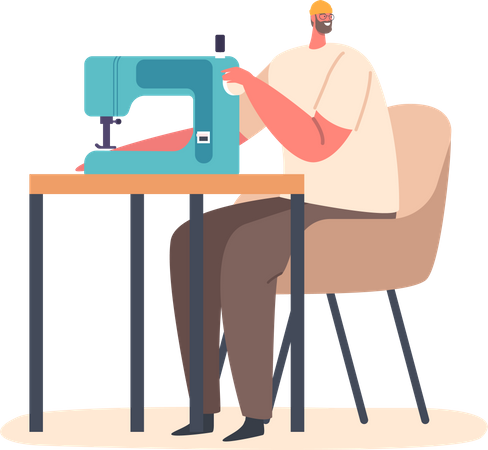 Hombre calificado operando una máquina de coser  Ilustración