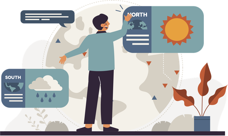 El hombre explica el clima del sur y del norte.  Ilustración