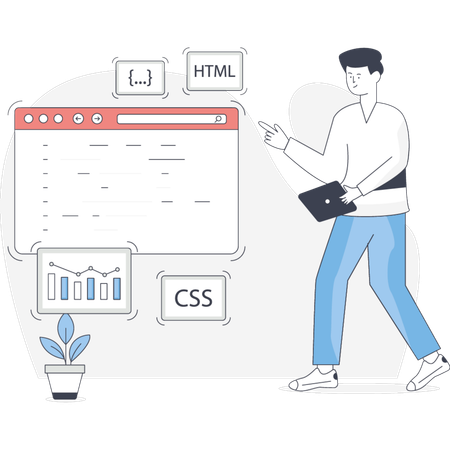 Hombre explicando el desarrollo de software  Ilustración