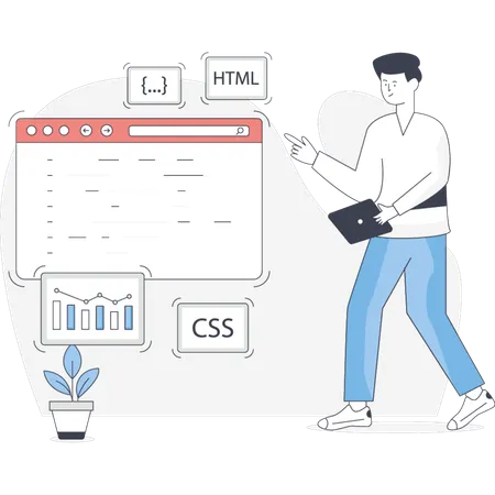 Hombre explicando el desarrollo de software  Ilustración
