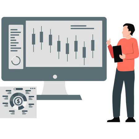 Hombre explicando un gráfico del mercado de valores  Ilustración