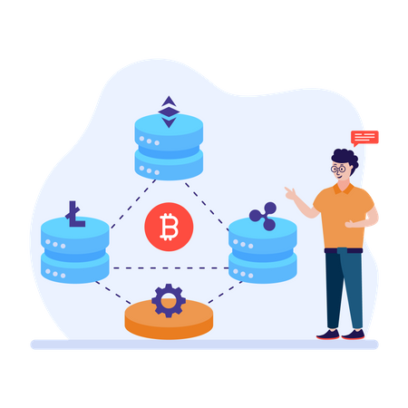 Hombre explicando la tecnología blockchain  Ilustración