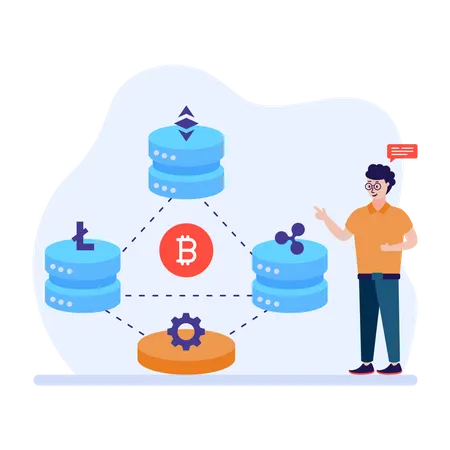 Hombre explicando la tecnología blockchain  Ilustración