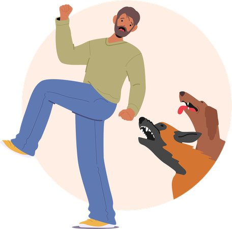 Hombre expresa miedo mientras dos perros agresivos parecen atacarlo  Ilustración