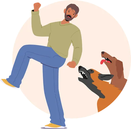 Hombre expresa miedo mientras dos perros agresivos parecen atacarlo  Ilustración