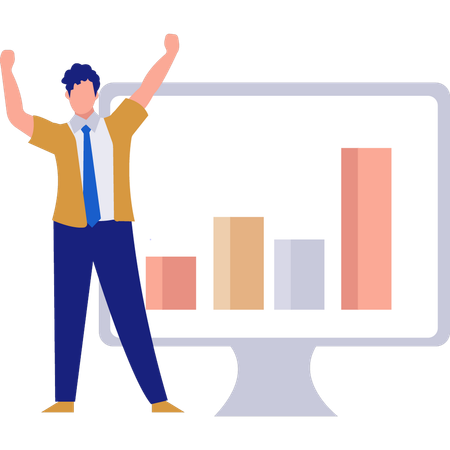 Hombre feliz apasionado por el gráfico de negocios  Ilustración