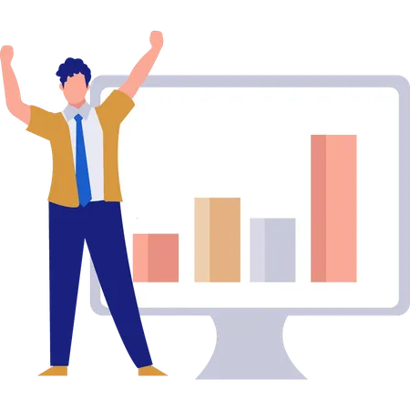 Hombre feliz apasionado por el gráfico de negocios  Ilustración