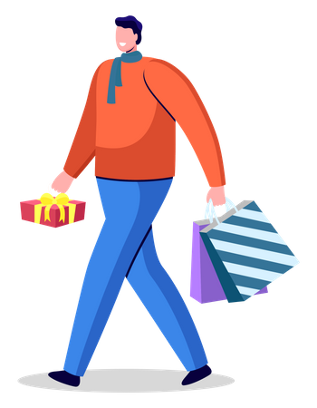Hombre feliz caminando y sosteniendo bolsas de compras y regalos  Ilustración