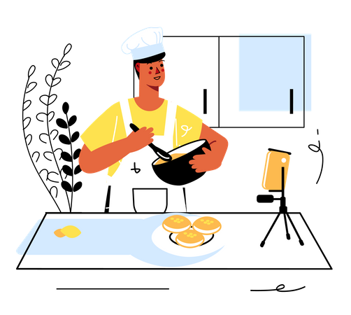 Hombre feliz cocinando platos en la cocina en streaming de vídeo  Ilustración