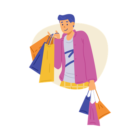 Hombre feliz comprador o adicto a las compras sosteniendo muchas bolsas de compras en las manos  Ilustración