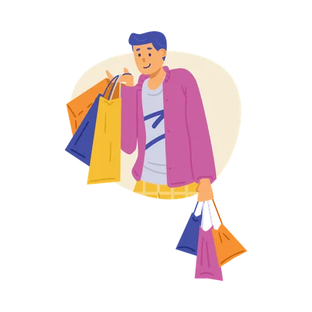 Hombre feliz comprador o adicto a las compras sosteniendo muchas bolsas de compras en las manos  Ilustración