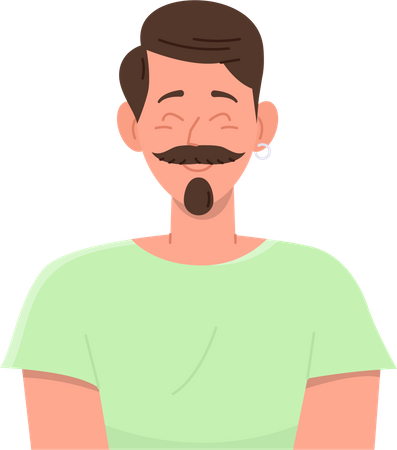 Hombre feliz con bigote y barba mostrando emoción positiva sintiéndose bien y satisfecho  Ilustración