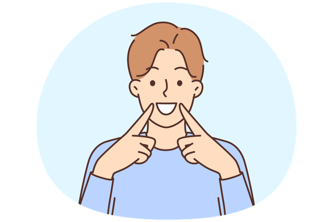 Hombre feliz muestra dientes blancos y sanos  Ilustración