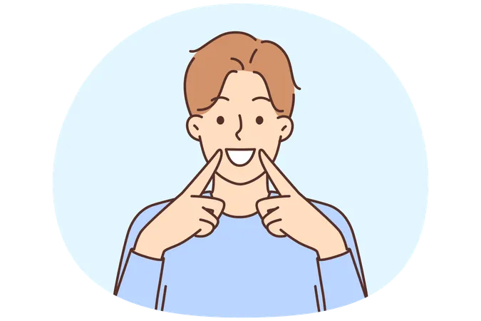 Hombre feliz muestra dientes blancos y sanos  Ilustración