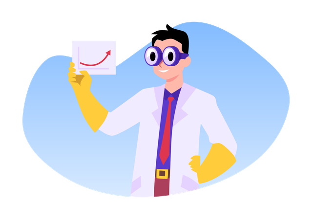 Hombre feliz con gafas y lentes enormes sosteniendo un papel con una flecha roja hacia arriba  Ilustración