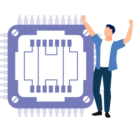 Hombre feliz con la ingeniería de microchips  Ilustración