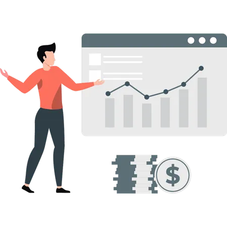 Hombre feliz con gráfico de crecimiento de inversión  Ilustración