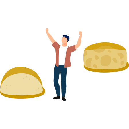 Hombre feliz con un bloque de queso amarillo  Ilustración