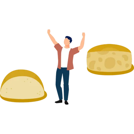 Hombre feliz con un bloque de queso amarillo  Ilustración