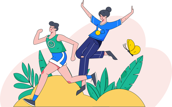 Hombre feliz corriendo y mujer sonriendo y saltando en el aire  Ilustración