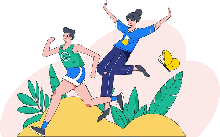 Hombre feliz corriendo y mujer sonriendo y saltando en el aire  Ilustración