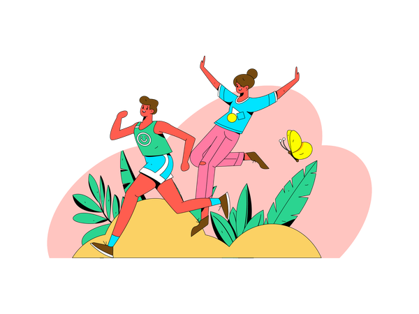 Hombre feliz corriendo y mujer sonriendo y saltando en el aire  Illustration