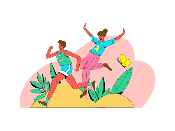 Hombre feliz corriendo y mujer sonriendo y saltando en el aire  Illustration