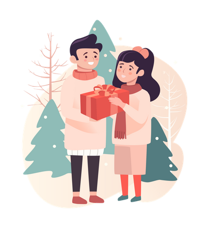 Hombre feliz dando un regalo a una joven en Navidad  Ilustración