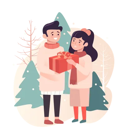 Hombre feliz dando un regalo a una joven en Navidad  Ilustración