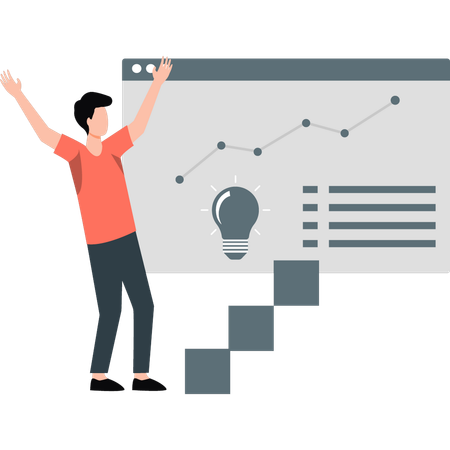 Hombre feliz al ver gráfico de crecimiento empresarial  Ilustración