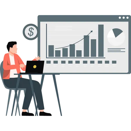 Hombre feliz al ver el crecimiento del gráfico de la bolsa de valores  Ilustración