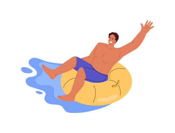 Hombre feliz deslizándose por un tobogán de agua en un círculo inflable en un parque acuático  Ilustración