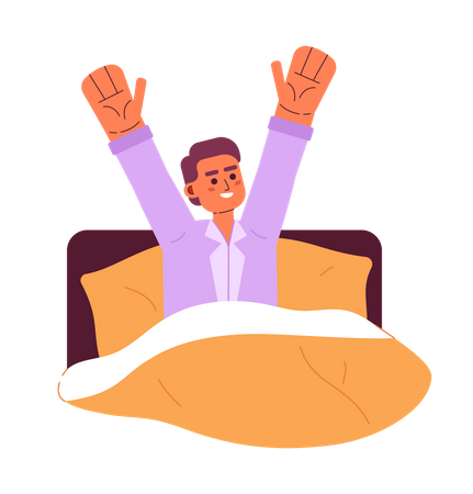 Hombre feliz despertando en la cama  Ilustración