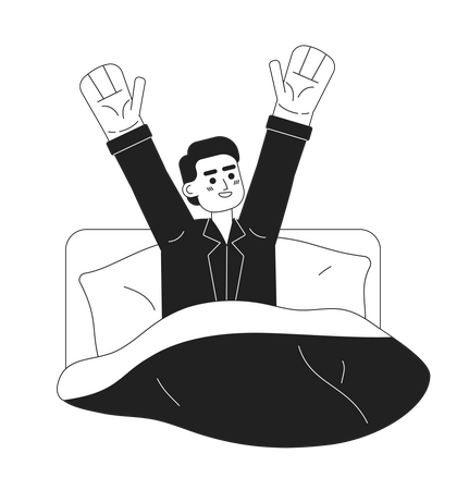 Hombre feliz despertando en la cama  Ilustración