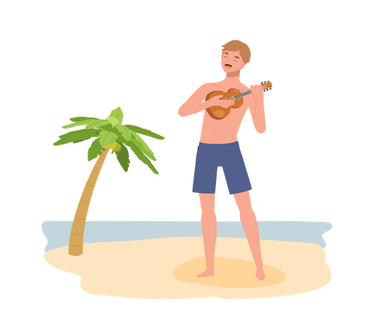 Hombre feliz en la playa tocando el ukelele y cantando  Ilustración