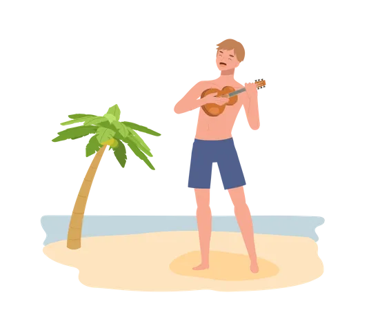 Hombre feliz en la playa tocando el ukelele y cantando  Ilustración