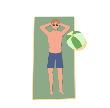 Un hombre feliz en traje de baño en la playa está tumbado y tomando el sol  Ilustración