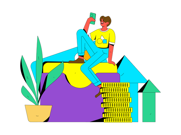 Hombre feliz ganando dinero en línea por teléfono  Ilustración