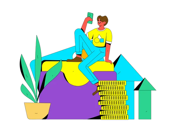 Hombre feliz ganando dinero en línea por teléfono  Ilustración