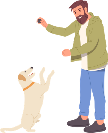 Hombre feliz jugando al perro con pelota pasando tiempo con un amigo al aire libre  Ilustración