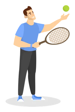Hombre Feliz Jugando Al Badminton Jugador En La Cancha Sosteniendo Raqueta De Tenis Y Pelota Competicion Deportiva Ilustracion De Vector Aislado En Estilo De Dibujos Animados Ilustración