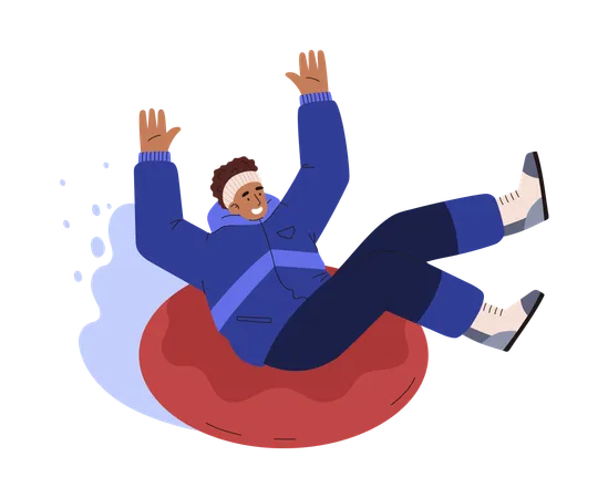 Hombre feliz montando en tubing en descenso nevado  Ilustración