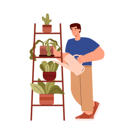 Hombre feliz regando plantas  Ilustración